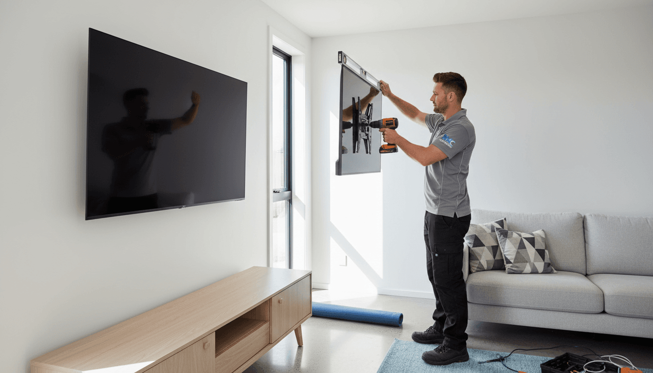 Modern property maintenance technician in workwear mounting a flat-screen TV on a wall in a tidy Christchurch living room