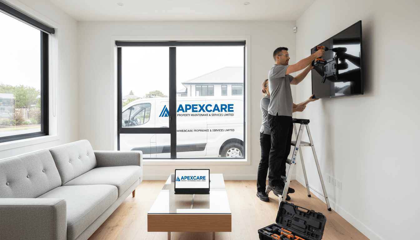 Technician mounting a TV on a wall in a Christchurch home